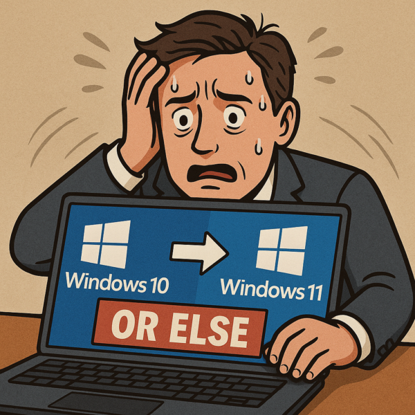 Migrate to windows 11 or else cartoon of a man worrying